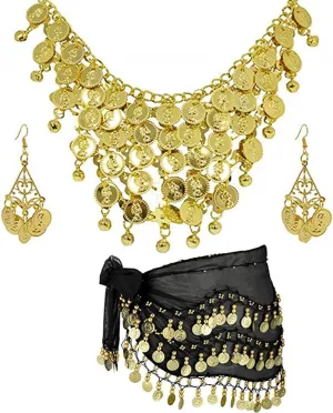 3 pcs Belly Dance Hip Scarf for Women Belly Dance Gold Sequins Head Chain Coins Necklace Earrings Classic Dance Accessories