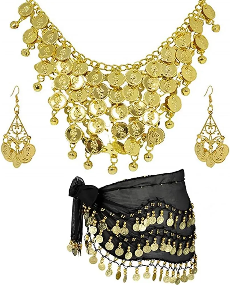 3 pcs Belly Dance Hip Scarf for Women Belly Dance Gold Sequins Head Chain Coins Necklace Earrings Classic Dance Accessories
