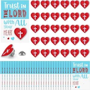 30 Pcs Heart Cross Pins Bulk Bible Christian Favors and 30 Pcs Trust in the Lord Proverbs 3:5 Bible Verse Cards Red Enamel Lapel Brooch Religious Jesus Heart Gifts for Church Sunday School Gift