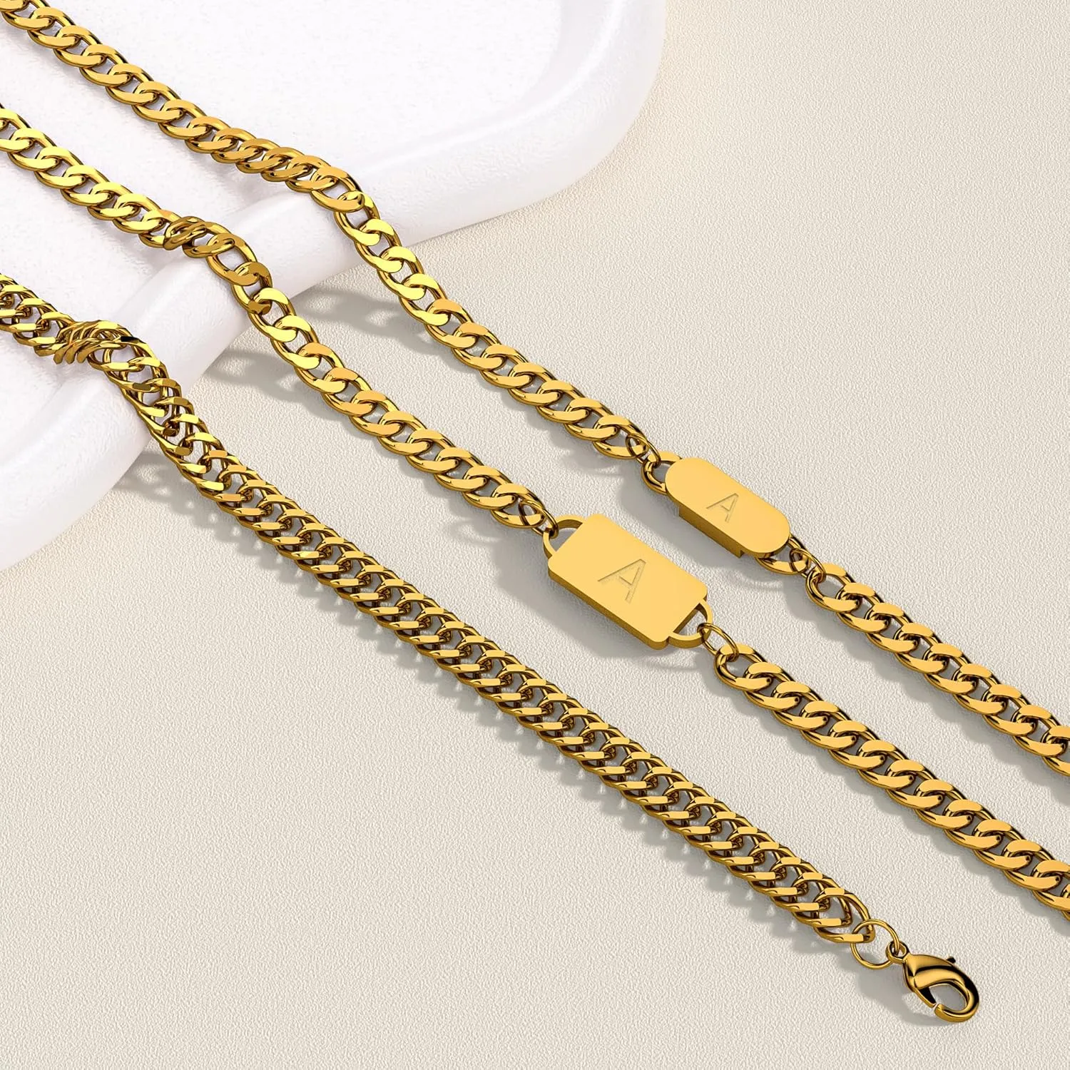 3PCS Initial Letter Cuban Necklace Bracelet, A-Z Letter Pendant Stainless Steel Silver Gold Black Cuban Link Chain for Men Women Jewelry Set for Him Her