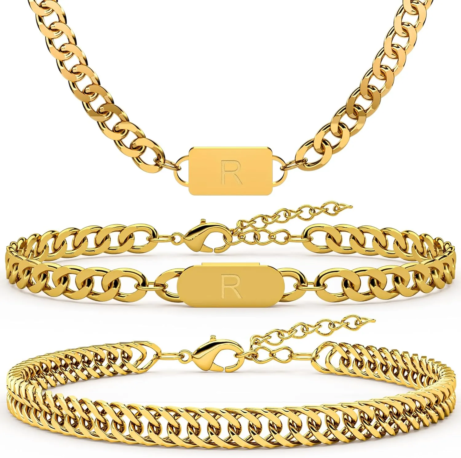 3PCS Initial Letter Cuban Necklace Bracelet, A-Z Letter Pendant Stainless Steel Silver Gold Black Cuban Link Chain for Men Women Jewelry Set for Him Her