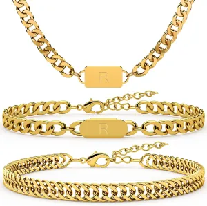 3PCS Initial Letter Cuban Necklace Bracelet, A-Z Letter Pendant Stainless Steel Silver Gold Black Cuban Link Chain for Men Women Jewelry Set for Him Her