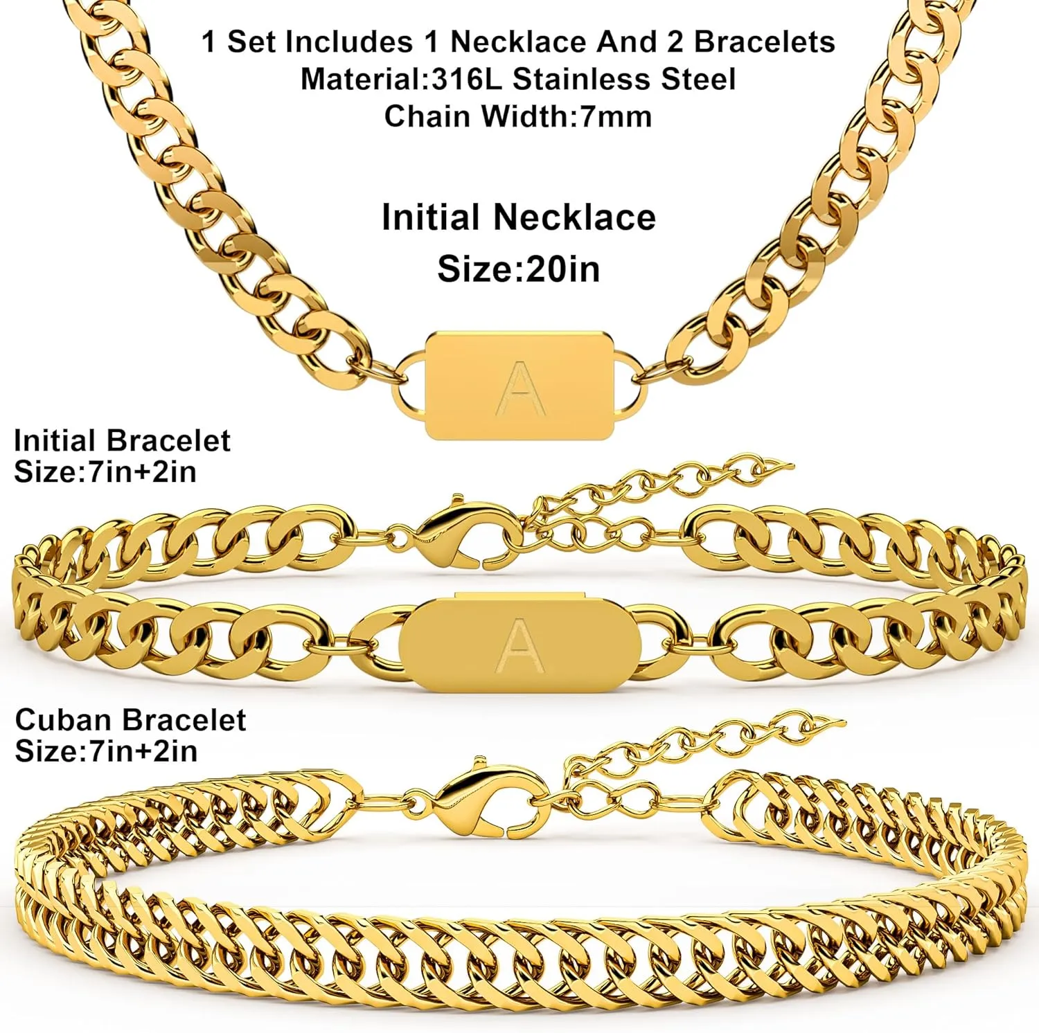 3PCS Initial Letter Cuban Necklace Bracelet, A-Z Letter Pendant Stainless Steel Silver Gold Black Cuban Link Chain for Men Women Jewelry Set for Him Her