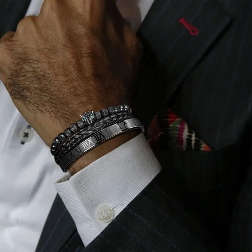 3pcs/set Classical Handmade Braiding Bracelet Hip Hop Men Pave CZ Leopard Head Roman Numeral Bracelet Stainless Steel Jewelry