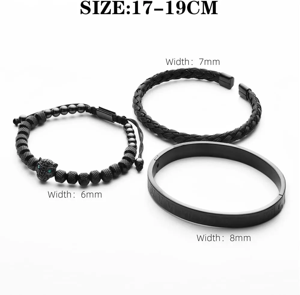 3pcs/set Classical Handmade Braiding Bracelet Hip Hop Men Pave CZ Leopard Head Roman Numeral Bracelet Stainless Steel Jewelry