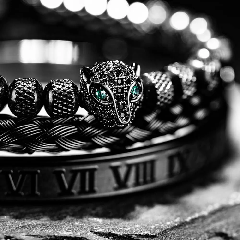 3pcs/set Classical Handmade Braiding Bracelet Hip Hop Men Pave CZ Leopard Head Roman Numeral Bracelet Stainless Steel Jewelry