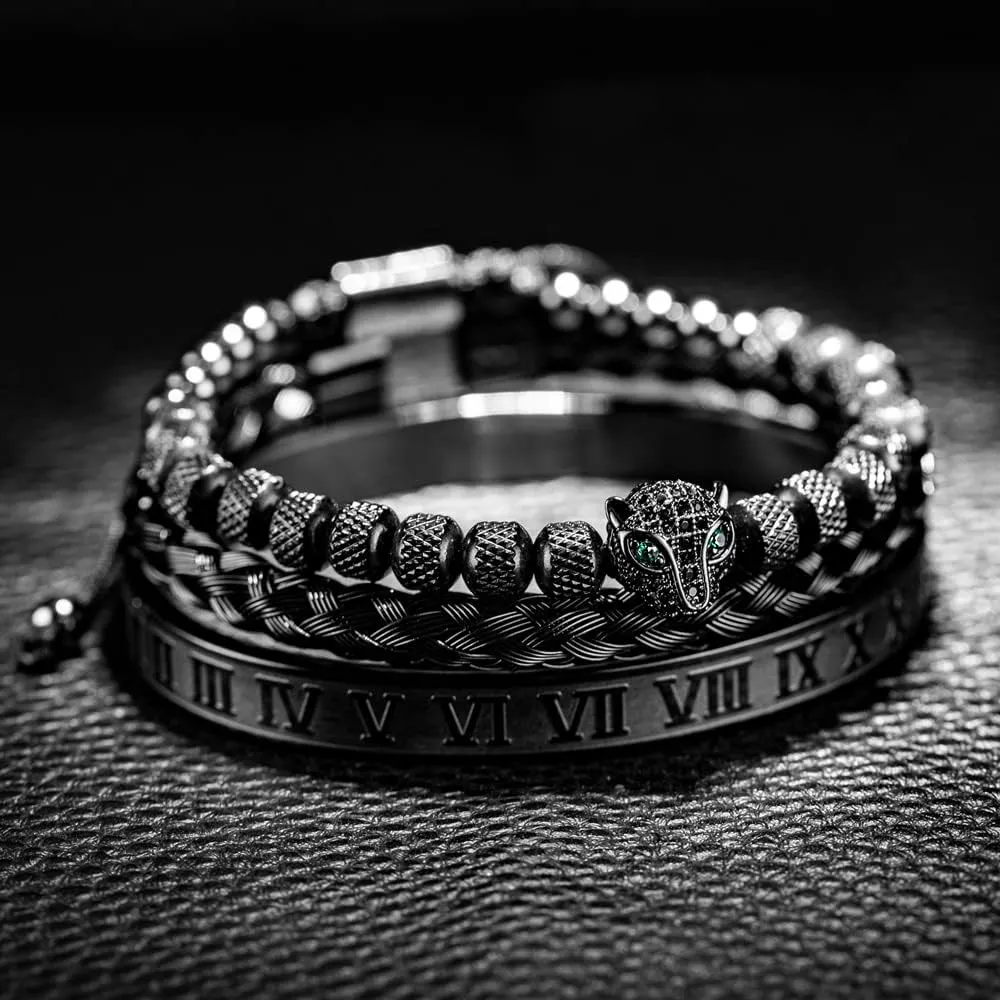3pcs/set Classical Handmade Braiding Bracelet Hip Hop Men Pave CZ Leopard Head Roman Numeral Bracelet Stainless Steel Jewelry