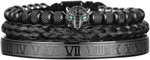 3pcs/set Classical Handmade Braiding Bracelet Hip Hop Men Pave CZ Leopard Head Roman Numeral Bracelet Stainless Steel Jewelry