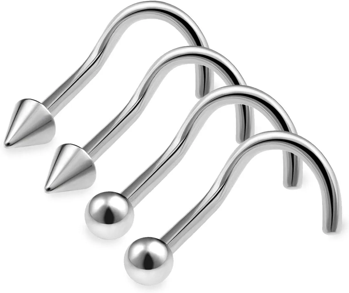 4pcs 20g 0.8mm Nose Screw Rings Nostril Stud Surgical Stainless Steel 2mm Cone Spike 2mm Ball