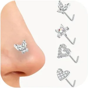 4pcs 20G Nose Rings - L Shaped & Dangle Nose Studs - Stainless Steel Butterfly, Flower & Heart Designs - Body Piercing Jewelry for Women & Men