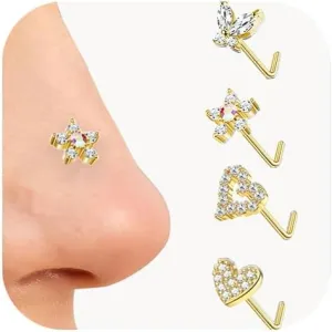 4pcs 20G Nose Rings - L Shaped & Dangle Nose Studs - Stainless Steel Butterfly, Flower & Heart Designs - Body Piercing Jewelry for Women & Men