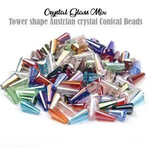 50 GRAMS PKG. MULTI COLOR SHADE, Tower shape Austrian crystal beads conical loose beads CRYSTAL MIX, GLASS BEADS, SIZE 7-15 MM APPROX