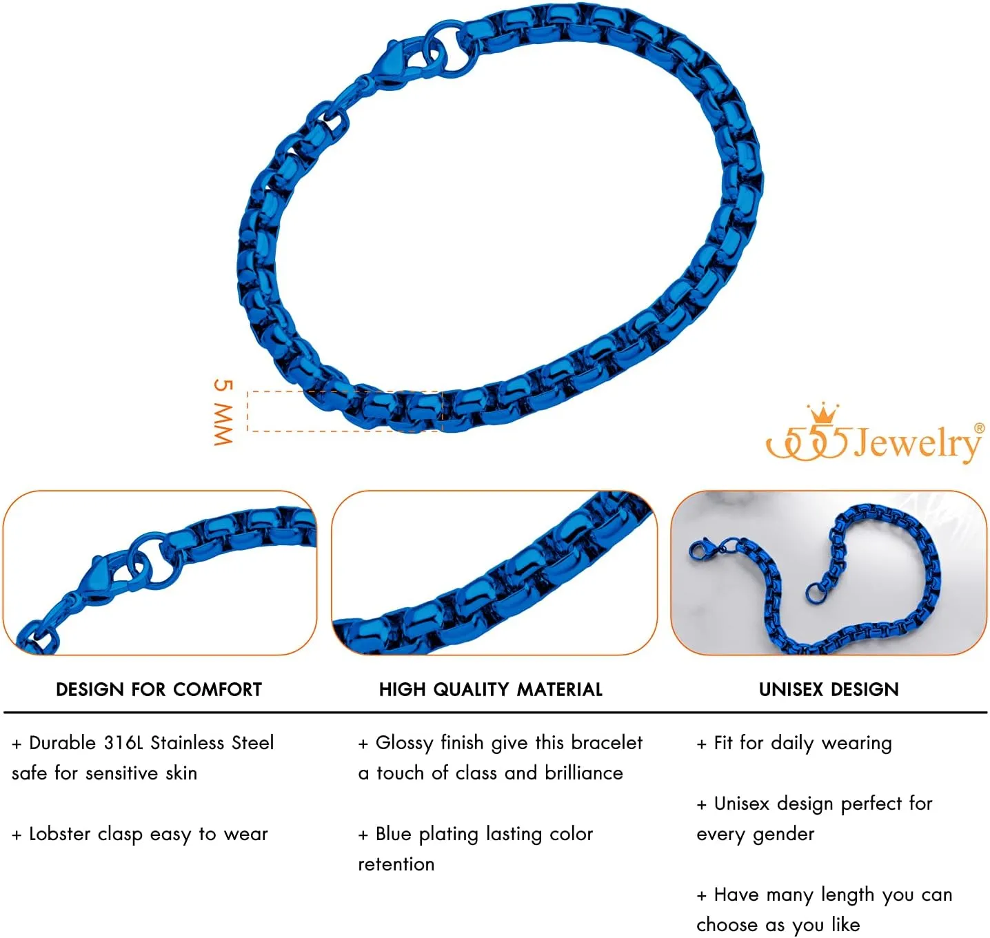 555Jewelry 5mm Stainless Steel Box Chain Bracelet for Men & Women, 6.5 to 9 Inch