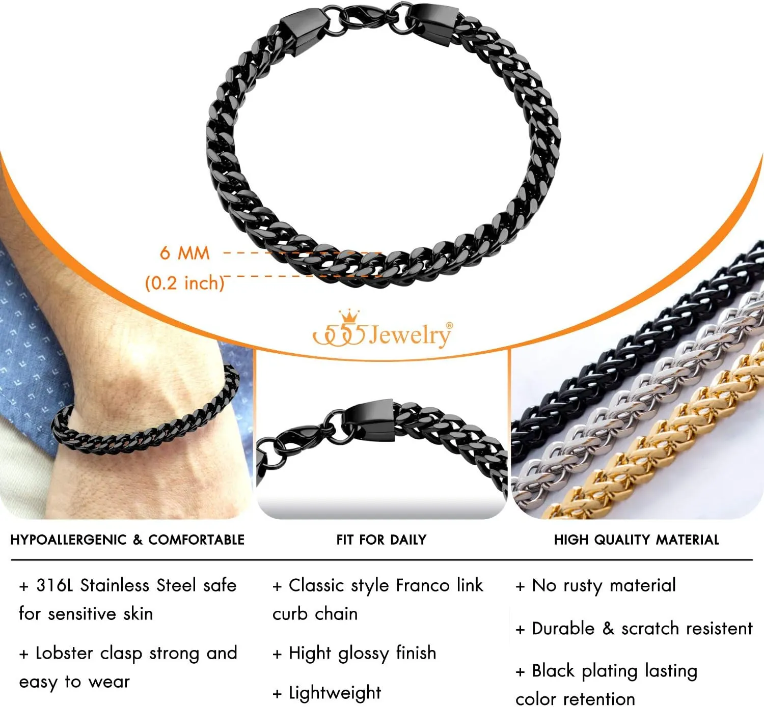 555Jewelry 6mm Stainless Steel Square Franco Chain Bracelet for Men, 6.5 to 9 Inch