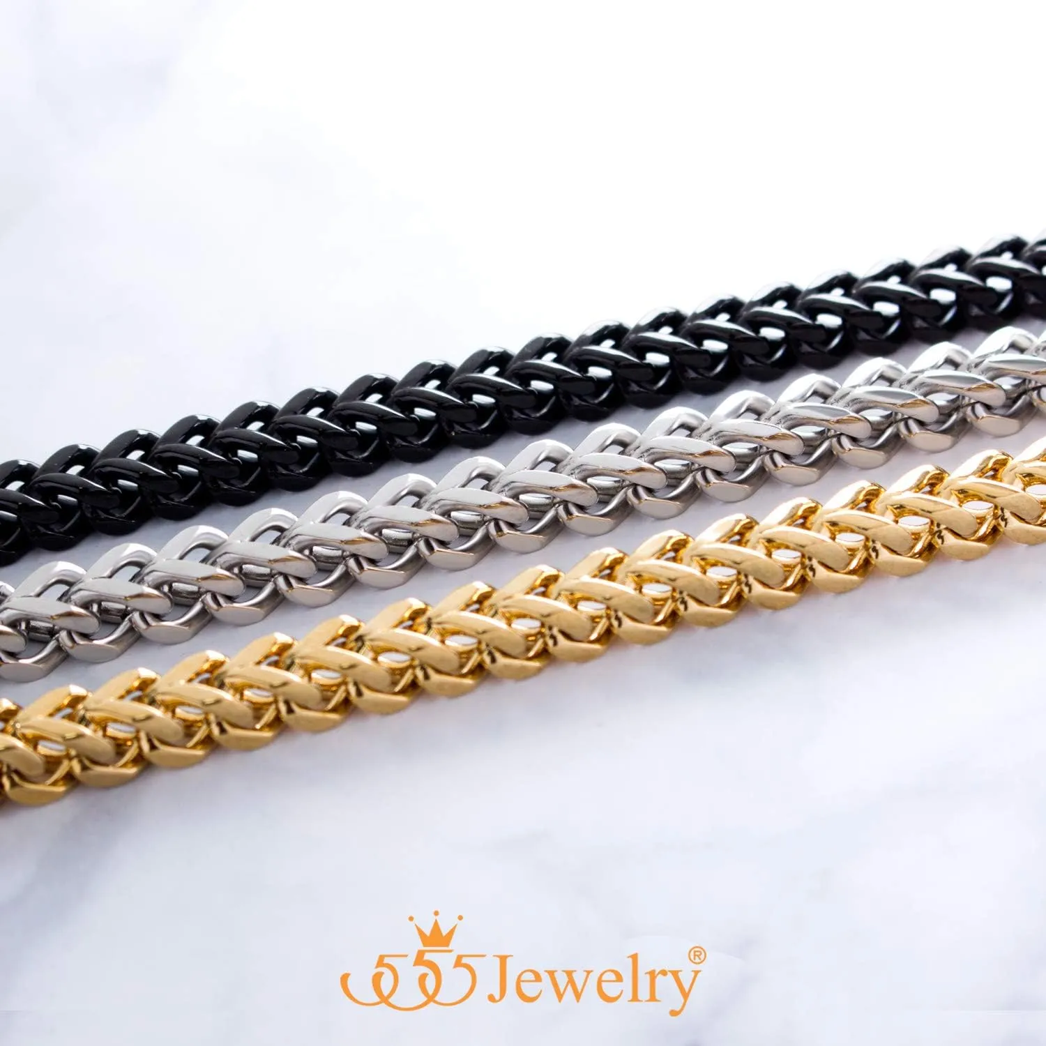 555Jewelry 6mm Stainless Steel Square Franco Chain Bracelet for Men, 6.5 to 9 Inch
