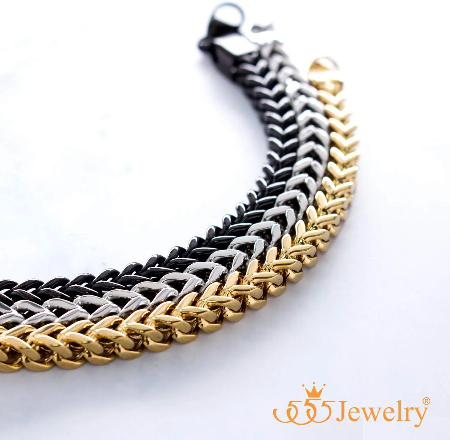 555Jewelry 6mm Stainless Steel Square Franco Chain Bracelet for Men, 6.5 to 9 Inch