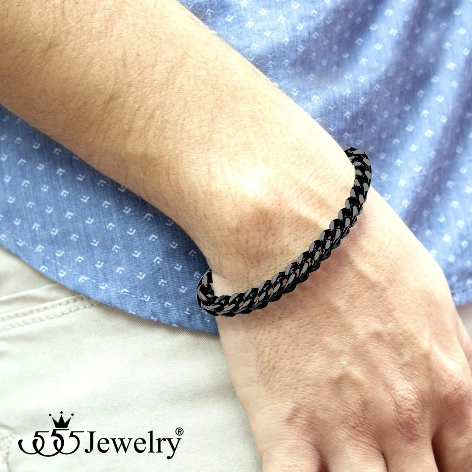 555Jewelry 6mm Stainless Steel Square Franco Chain Bracelet for Men, 6.5 to 9 Inch