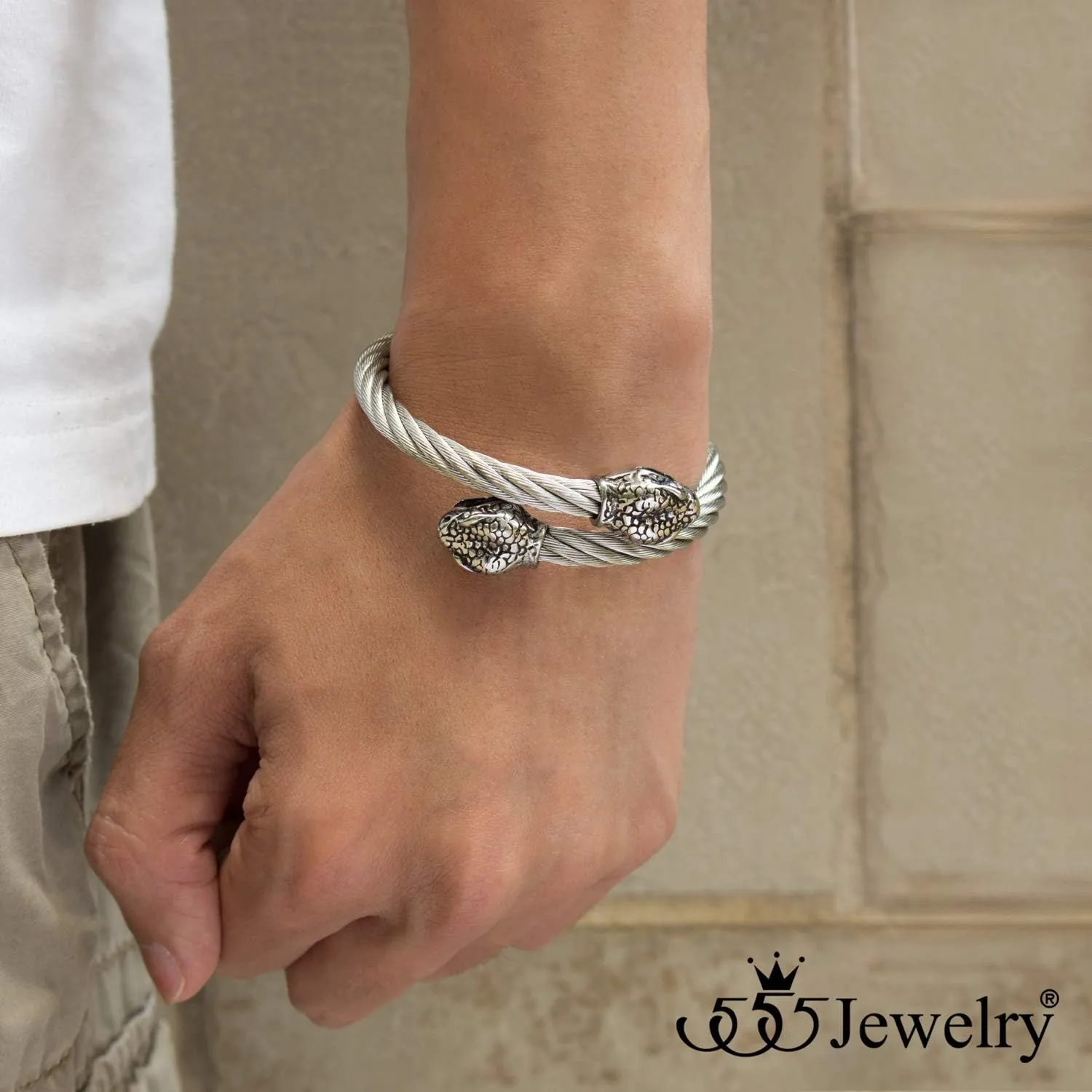 555Jewelry Adjustable Snake Heads Twisted Cable Wire Bangle Cuff Bracelet for Men