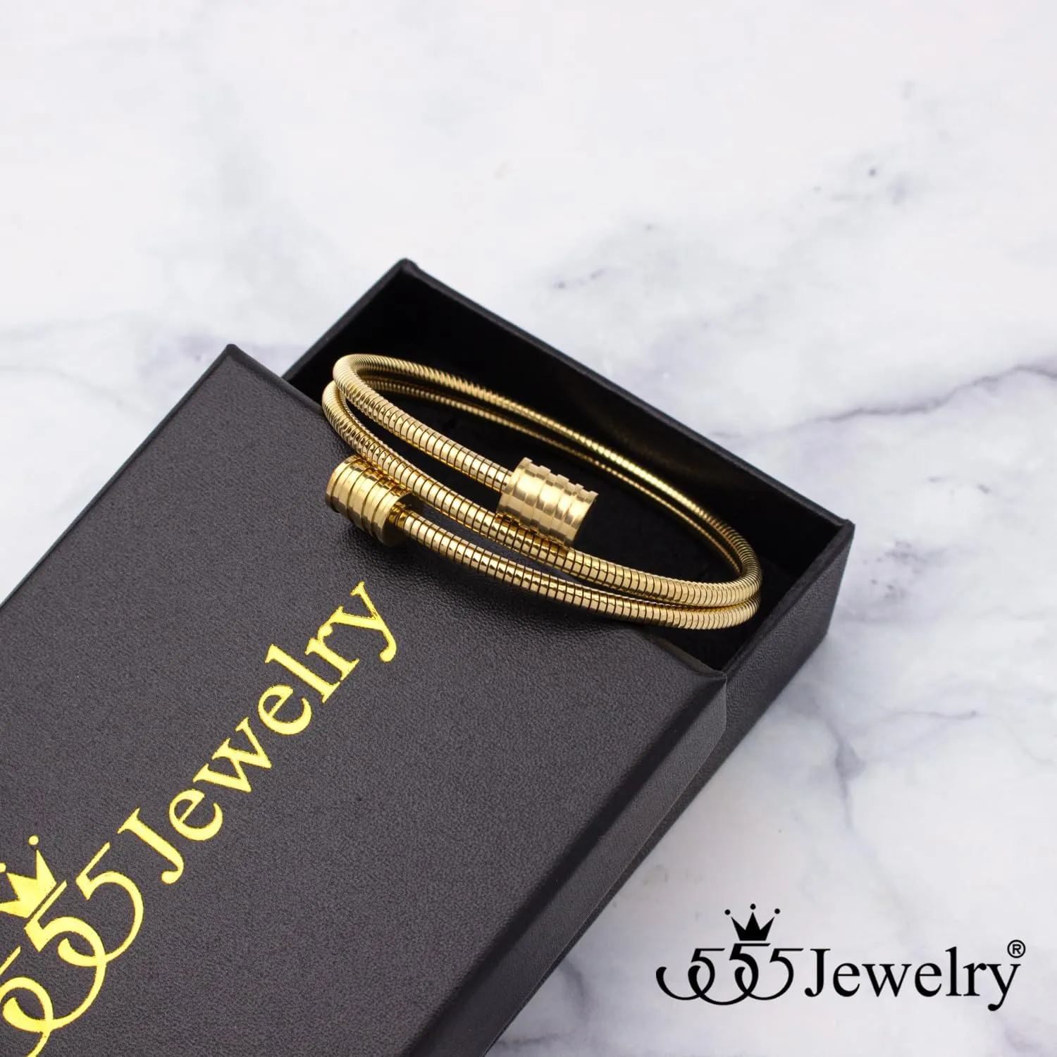 555Jewelry Adjustable Spiral Coil Wire Wrap Bangle Cuff Bracelet for Men & Women