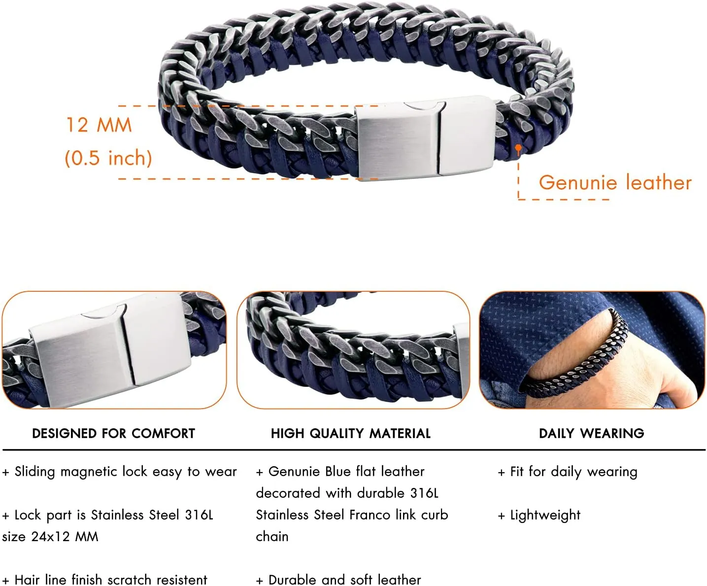 555Jewelry Stainless Steel Braided Leather & Cuban Link Chain Bracelet for Men