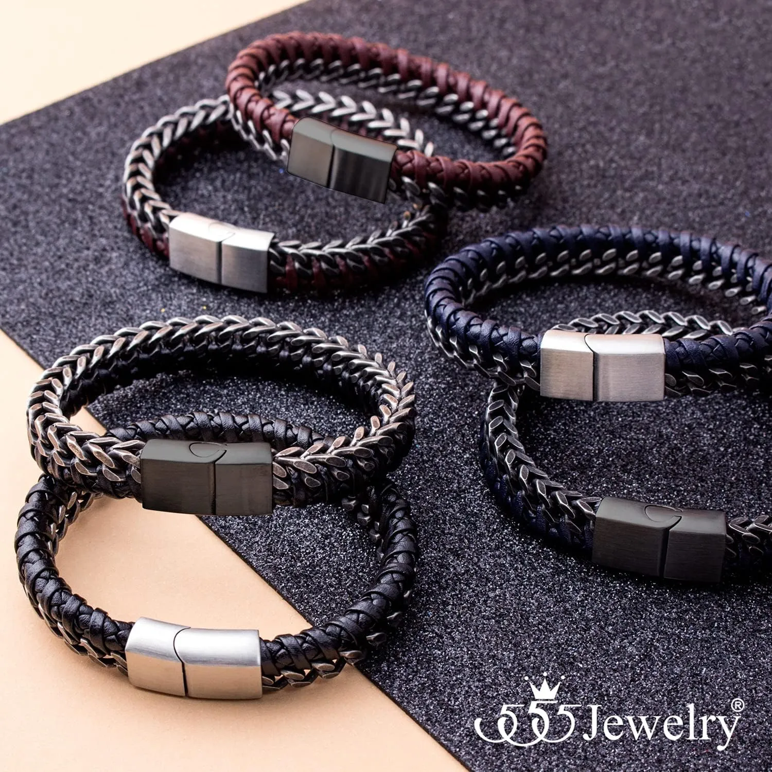 555Jewelry Stainless Steel Braided Leather & Cuban Link Chain Bracelet for Men