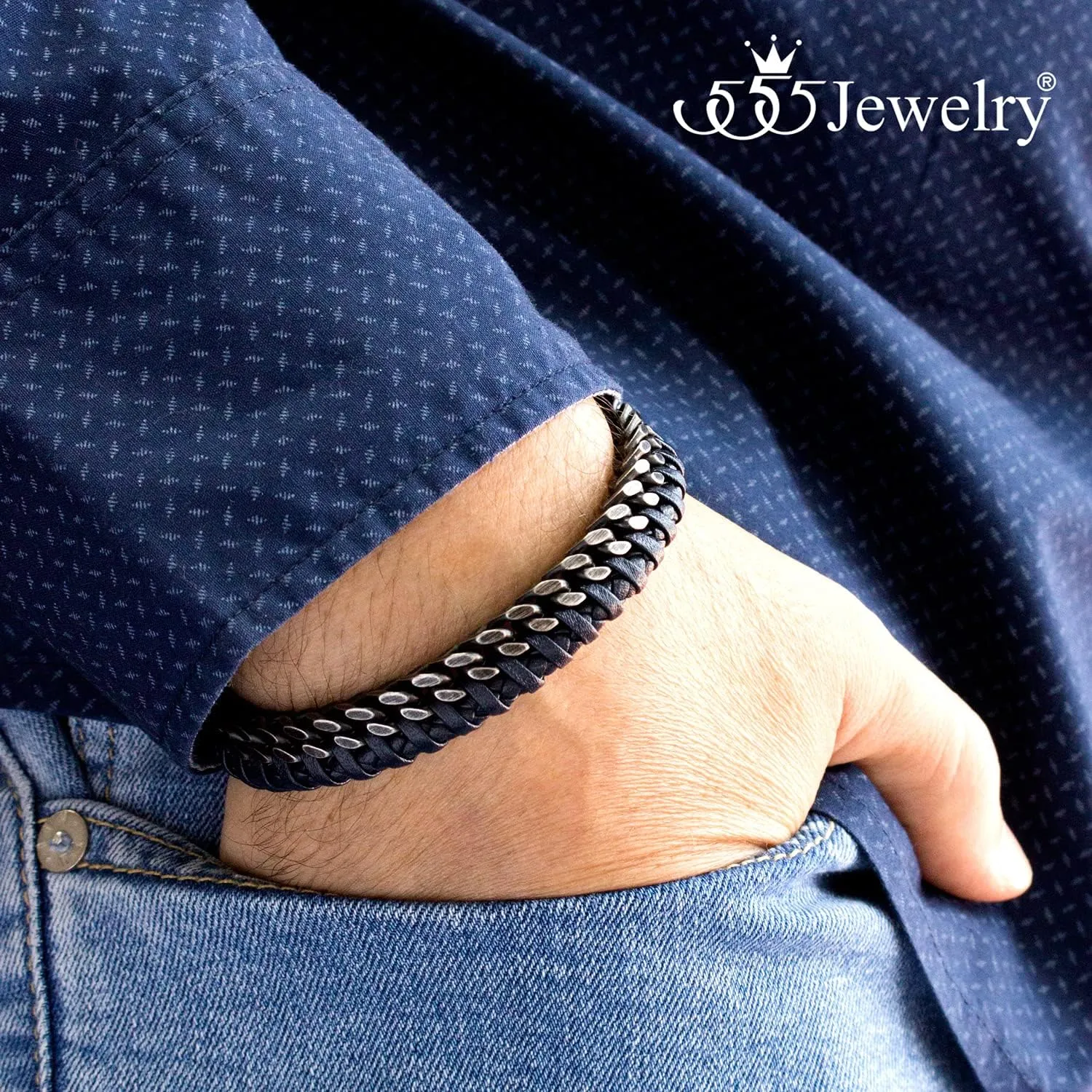 555Jewelry Stainless Steel Braided Leather & Cuban Link Chain Bracelet for Men