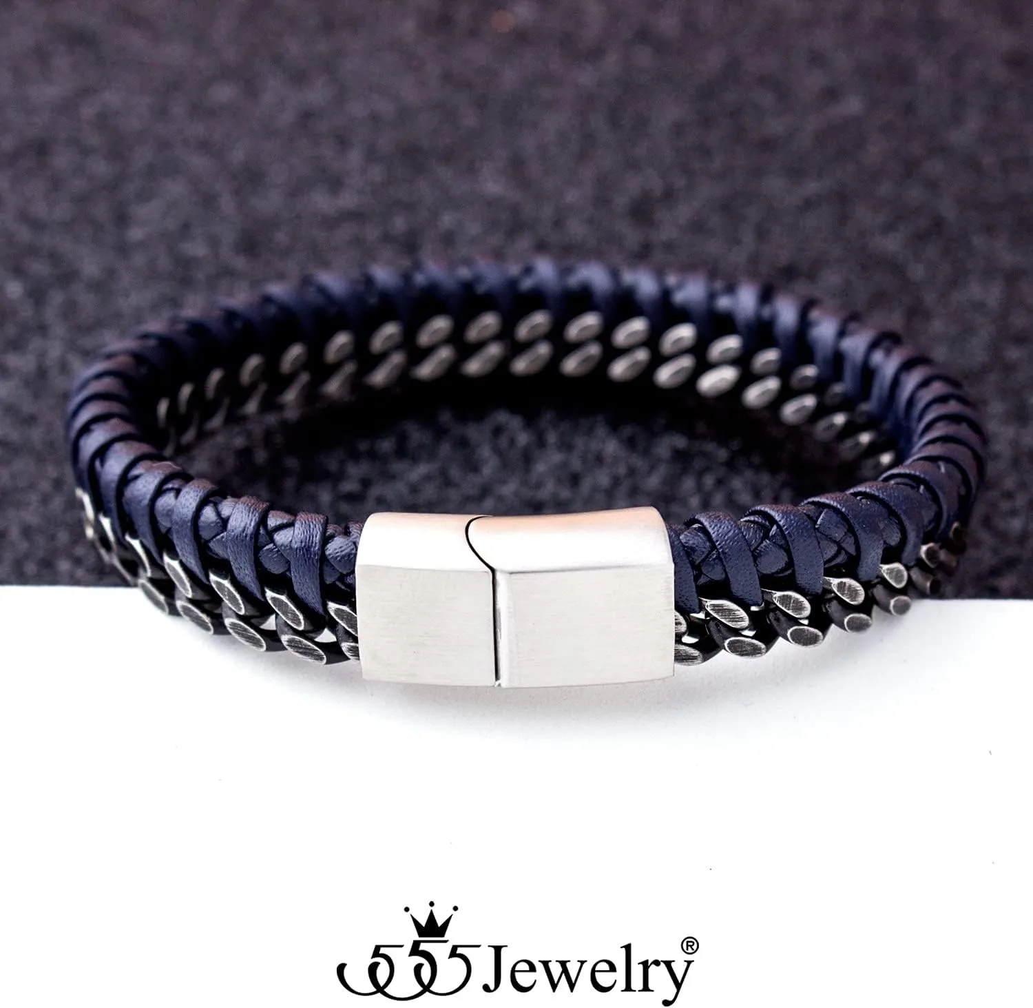 555Jewelry Stainless Steel Braided Leather & Cuban Link Chain Bracelet for Men