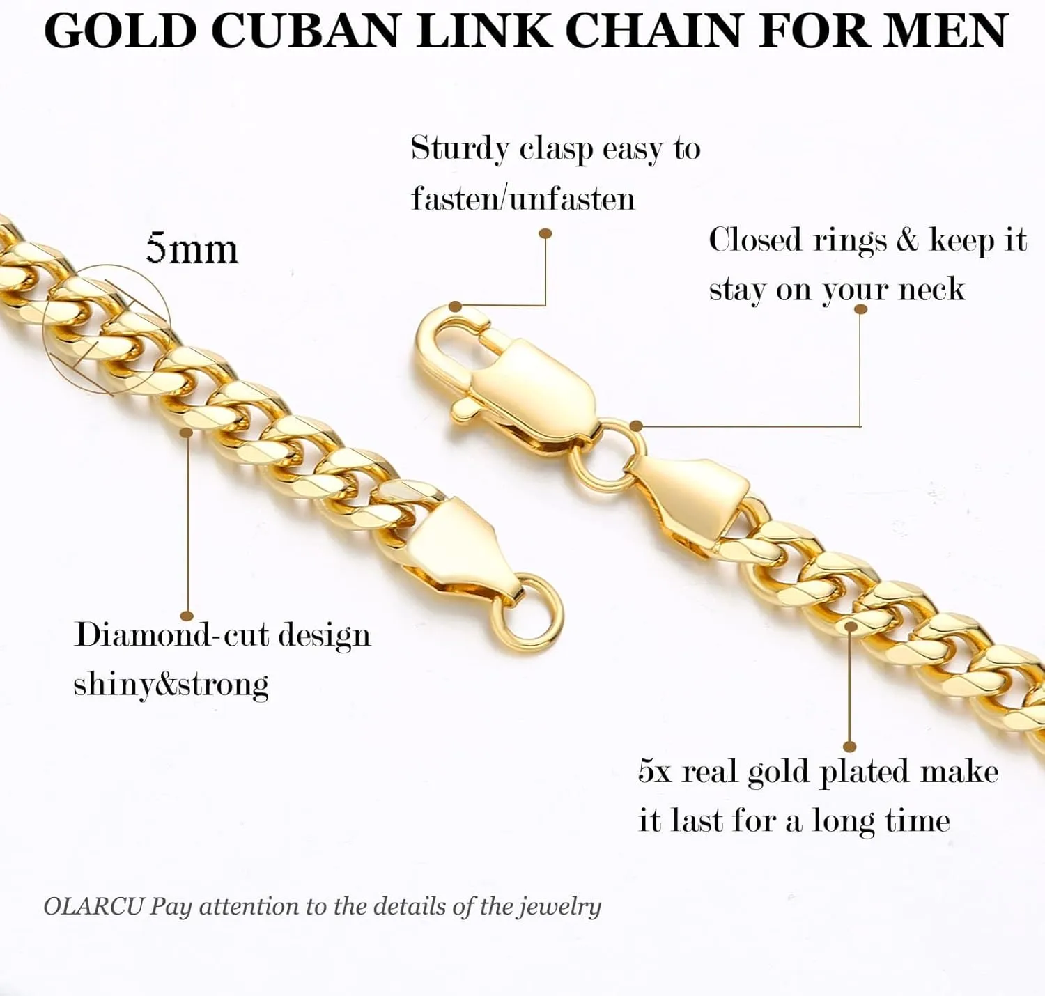 5mm/7mm Real Gold Plated Cuban Link Chain for Men, Mens Stainless Steel Gold Chain Necklace Jewelry for Men