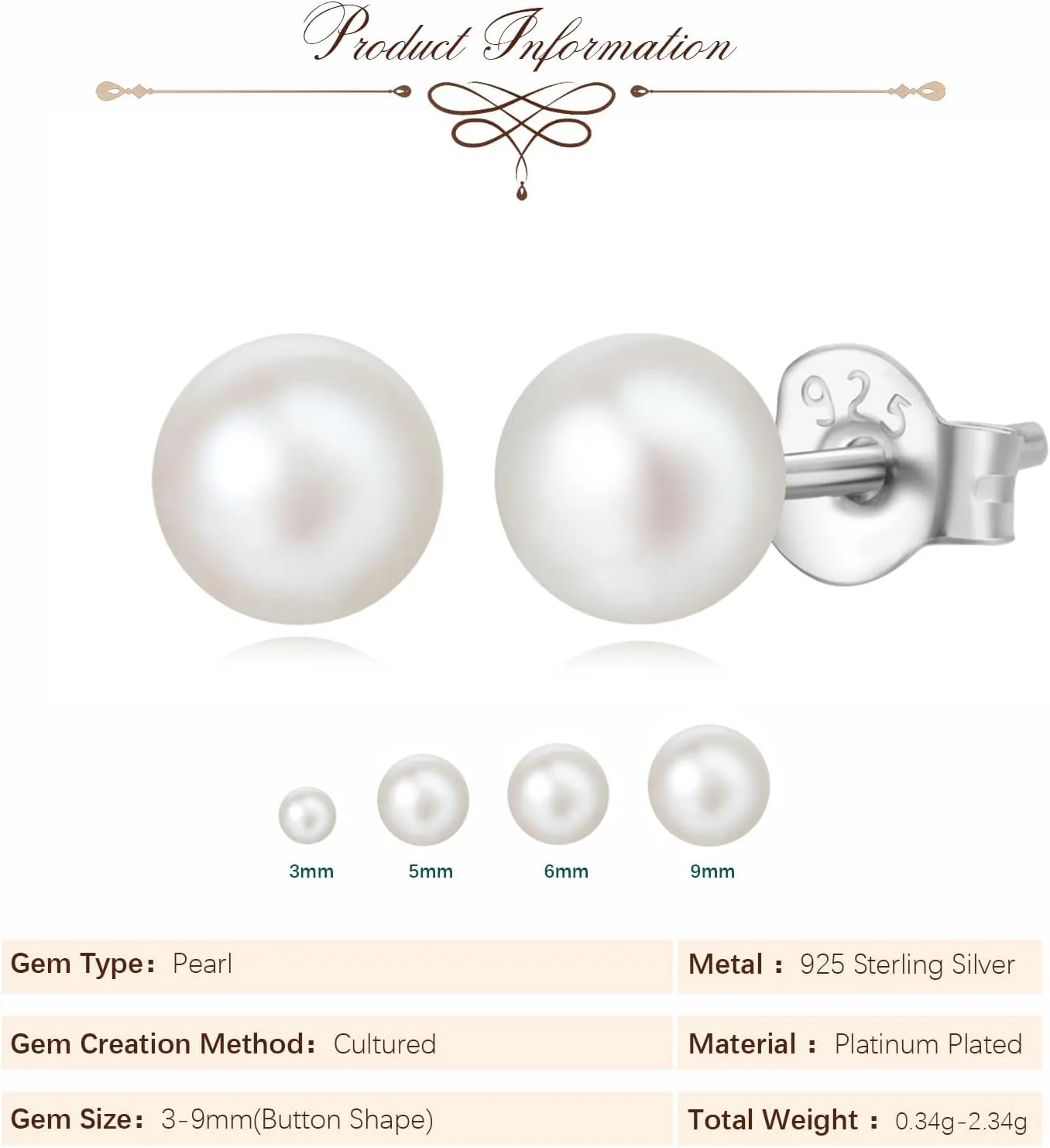 5mm/9mm Classic 14K White Gold Plated 925 Sterling Silver Handpicked AAAA Quality Natural White Button Shape Freshwater Cultured Pearl Stud Earrings for Women Birthstone Trendy Party