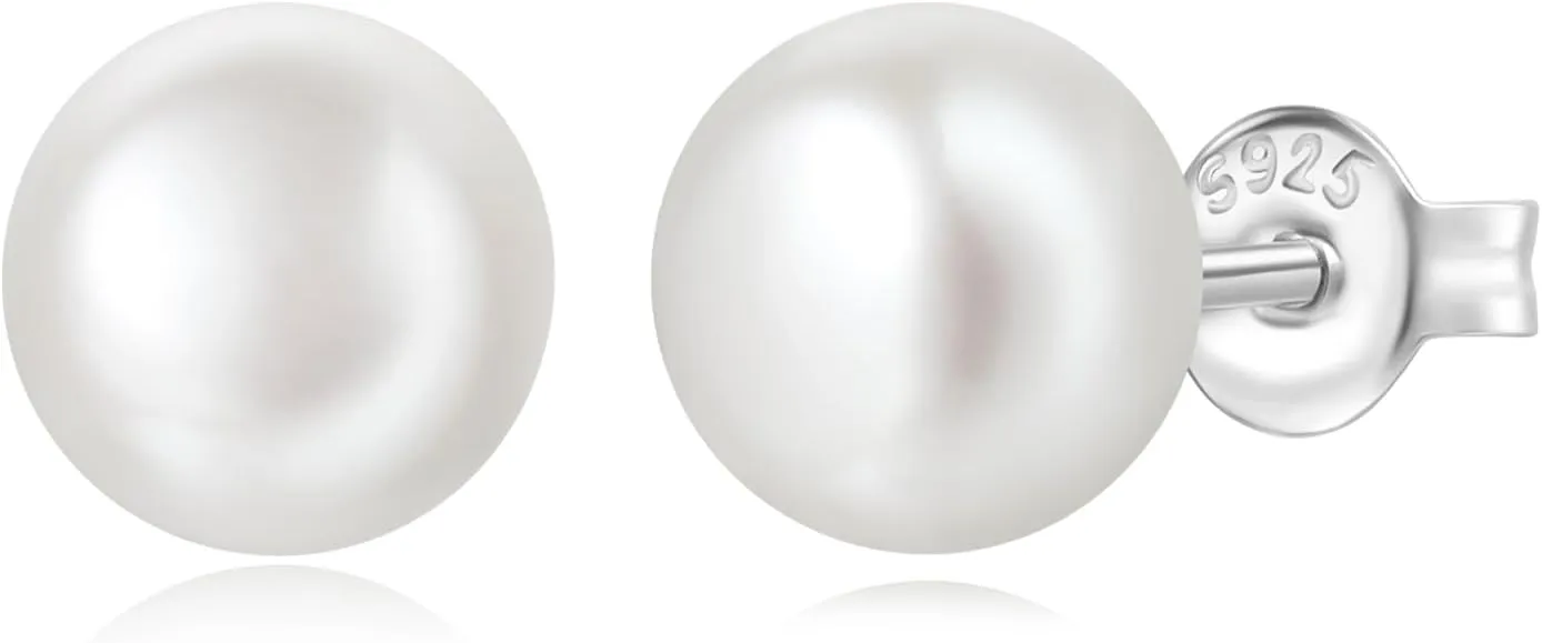 5mm/9mm Classic 14K White Gold Plated 925 Sterling Silver Handpicked AAAA Quality Natural White Button Shape Freshwater Cultured Pearl Stud Earrings for Women Birthstone Trendy Party