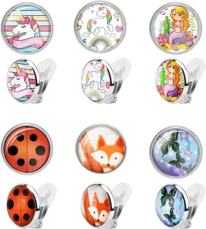 6 Pairs Clip On Earrings for Girls, Cute Ladybug Fox Butterfly Mermaid Round Glass Kids EarringsDress Up Jewelry