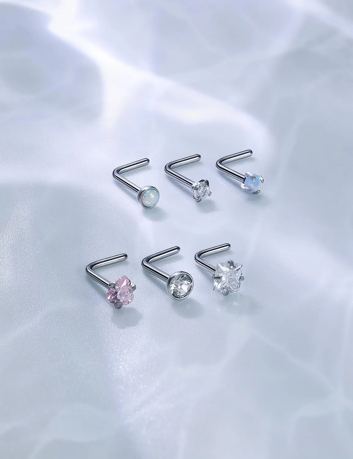 6 Pcs 18G 20G Surgical Steel Nose Rings Studs for Women Opal Nose Rings Diamond CZ Nose Studs L Shaped Nose Nostril Piercing Jewelry Hypoallergenic
