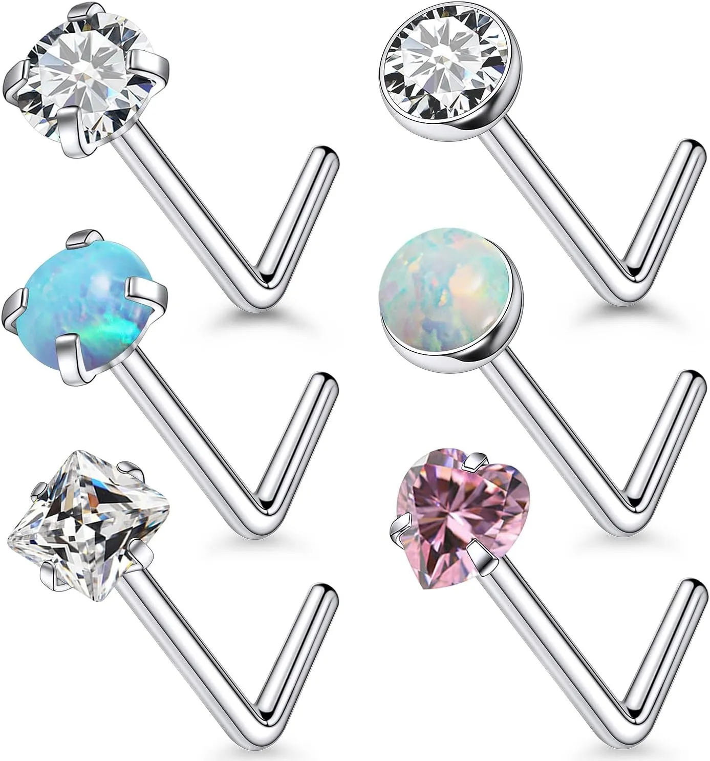 6 Pcs 18G 20G Surgical Steel Nose Rings Studs for Women Opal Nose Rings Diamond CZ Nose Studs L Shaped Nose Nostril Piercing Jewelry Hypoallergenic