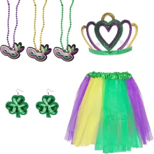 7 Pieces Mardi Gras Costume Accessory Set Mardi Gras Necklace Beads Crown Skirt Earrings for Girls Women Party Costume Supplies