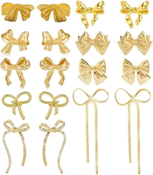 9 Pairs Gold Bow Earrings for Women Classic Ribbon Bow Stud Earrings Cute Statement Jewelry Set