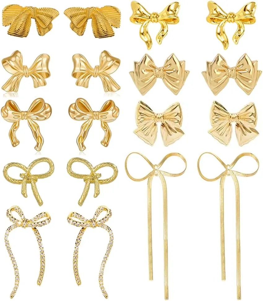 9 Pairs Gold Bow Earrings for Women Classic Ribbon Bow Stud Earrings Cute Statement Jewelry Set