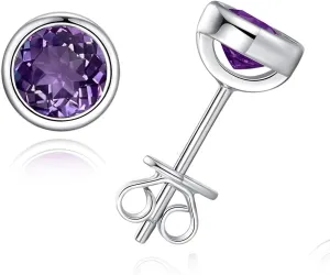 925 Sterling Silver 5MM Bezel Set Natural Black Onyx/Peridot/Amethyst/Garnet Earrings For Men Women Hypoallergenic Perfect Jewelry Gifts for Birthday Christmas