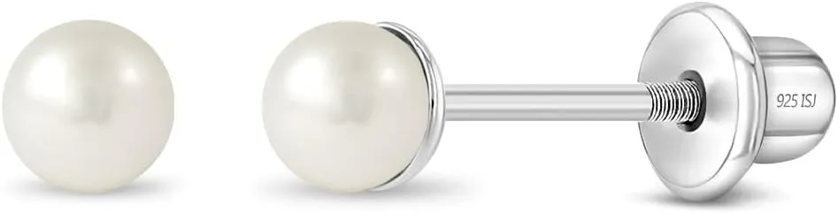 925 Sterling Silver Classic White Freshwater Cultured Pearl Toddler Earrings 3mm, 4mm & 5mm Screw Back Earrings - Simple Freshwater Cultured Pearl Earrings For Young Girls Religious Events