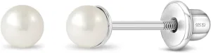 925 Sterling Silver Classic White Freshwater Cultured Pearl Toddler Earrings 3mm, 4mm & 5mm Screw Back Earrings - Simple Freshwater Cultured Pearl Earrings For Young Girls Religious Events