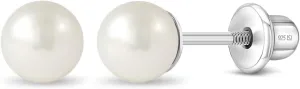 925 Sterling Silver Classic White Freshwater Cultured Pearl Toddler Earrings 3mm, 4mm & 5mm Screw Back Earrings - Simple Freshwater Cultured Pearl Earrings For Young Girls Religious Events