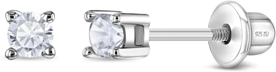 925 Sterling Silver Cubic Zirconia Stud 2mm Baby Earrings with Safety Screw Backs For Toddlers - Safe & Classic Baby Earrings Gift - Safe for Sensitive Pierced Ears