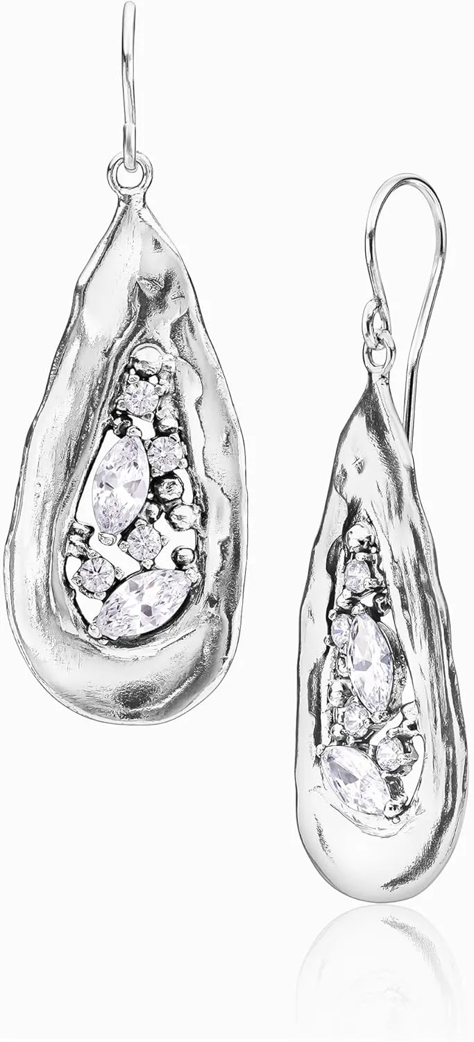 925 Sterling Silver Dangle Earrings Vintage Floral Look Marquise Cubic Zirconia CZ Shield Oxidized Hypoallergenic, Nickel and Lead-free, Artisan Handcrafted Designer, French Wire Back, Made In Israel
