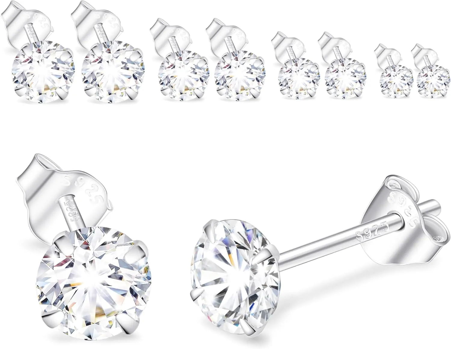 925 Sterling Silver Earrings for Women, Small Stud Earrings 2mm 3mm 4mm 5mm 6mm AAAAA Cubic Zirconia, Multiple Piercing Jewelry