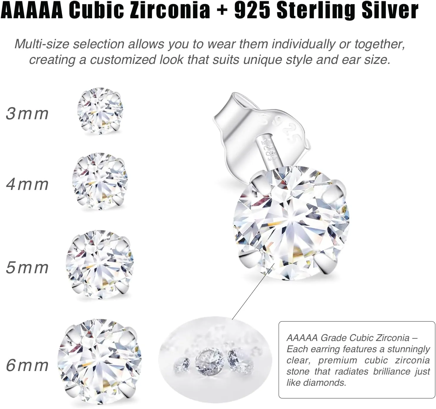 925 Sterling Silver Earrings for Women, Small Stud Earrings 2mm 3mm 4mm 5mm 6mm AAAAA Cubic Zirconia, Multiple Piercing Jewelry
