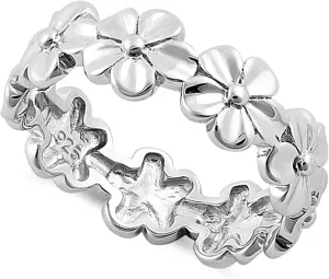 925 Sterling Silver Oxidized Platinum Plated Plumeria Eternity Women Valentines Day Ring