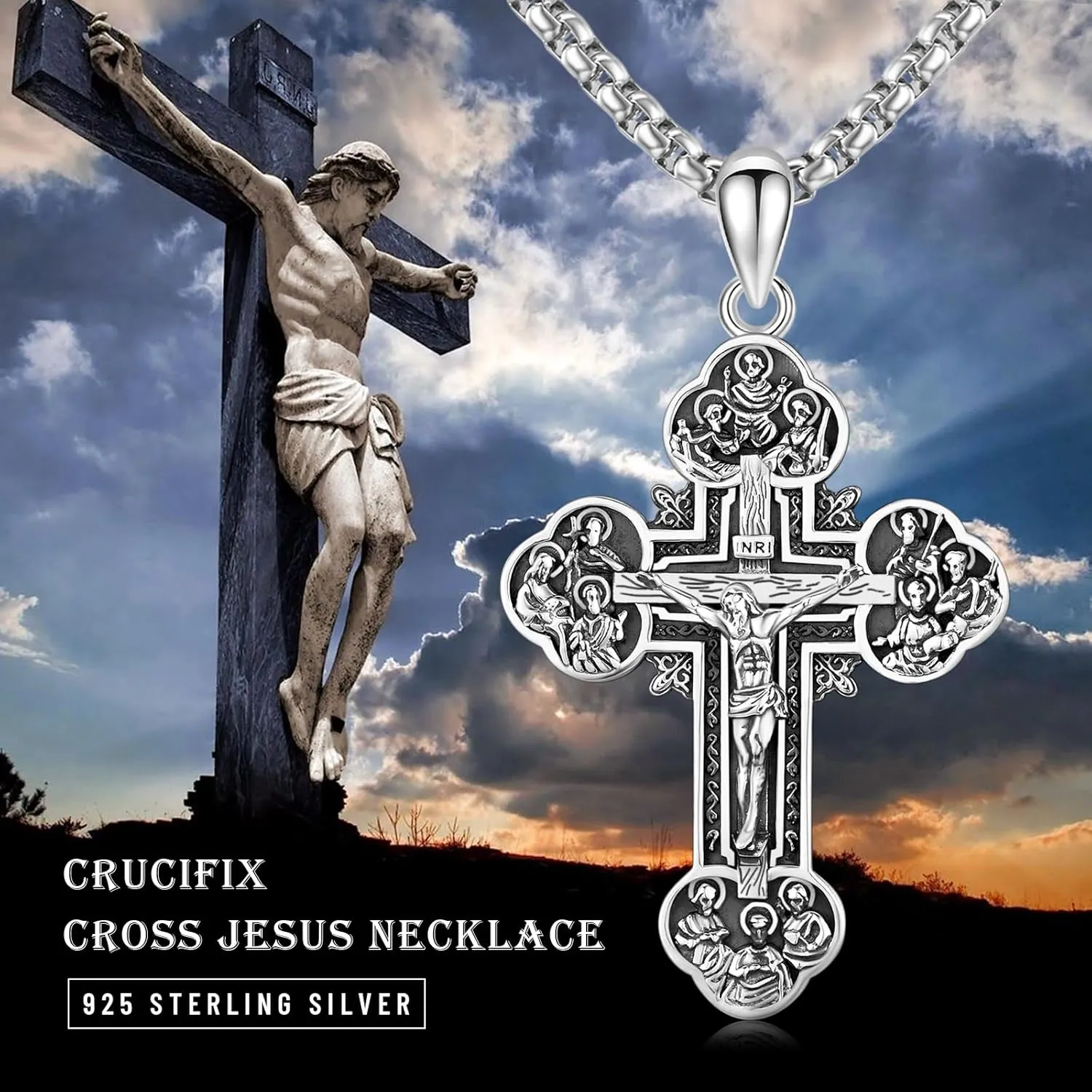 925 Sterling Silver Patron Saint Medals Amulet Protection Pandent Necklace Cross Faith Jewelry for Men(2.5mm 22" 2" Rolo Chain)