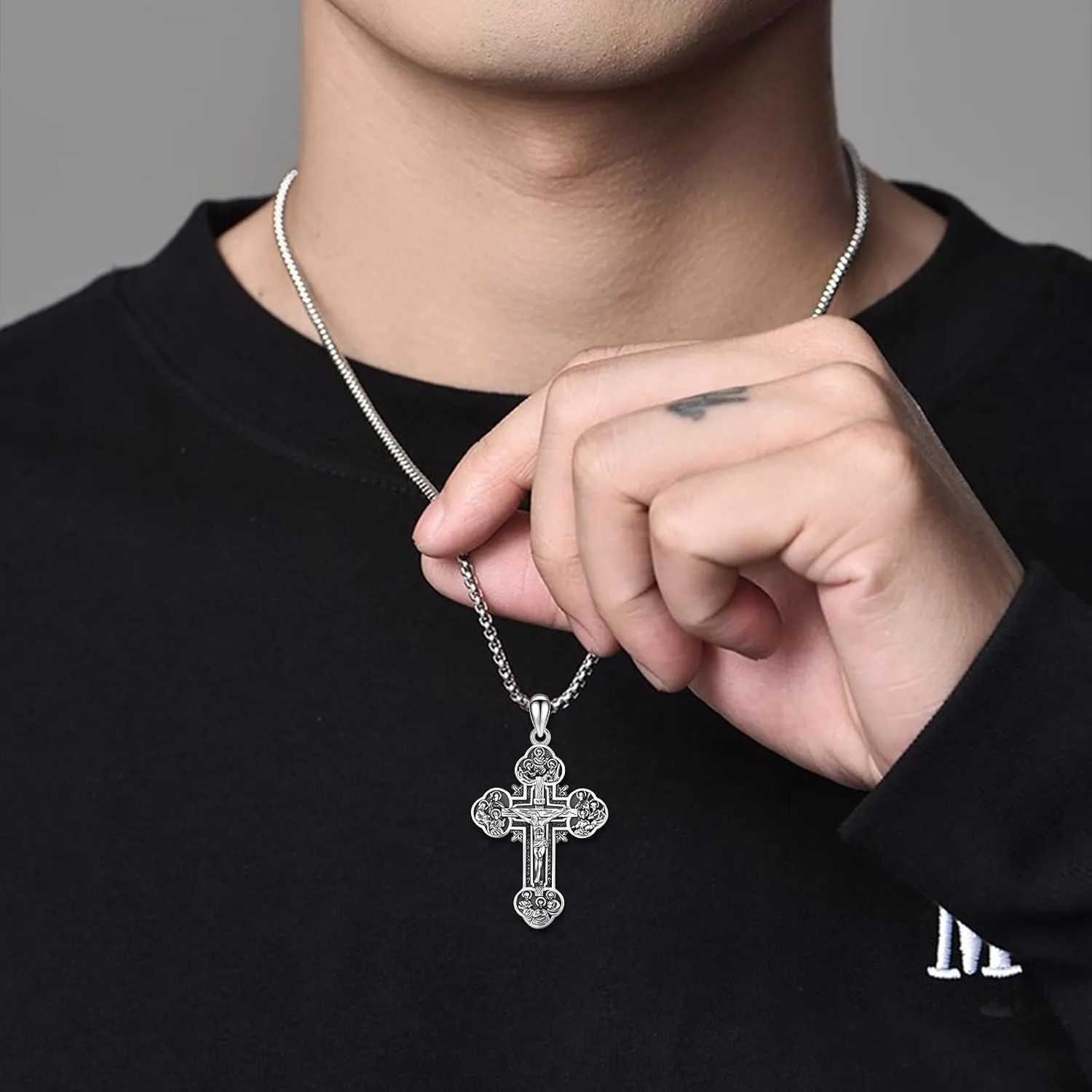 925 Sterling Silver Patron Saint Medals Amulet Protection Pandent Necklace Cross Faith Jewelry for Men(2.5mm 22" 2" Rolo Chain)