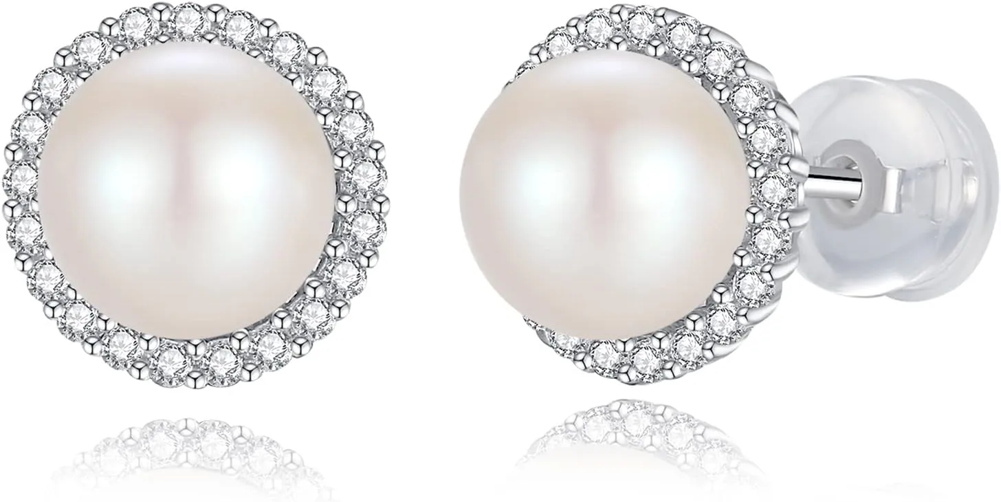 925 Sterling Silver Pearl Earrings for Women, Halo 6.5-7MM AAAA  Freshwater Cultured White Pearl Stud Earrings, Jewelry Gifts for Birthday Wedding Christmas Mothers Day