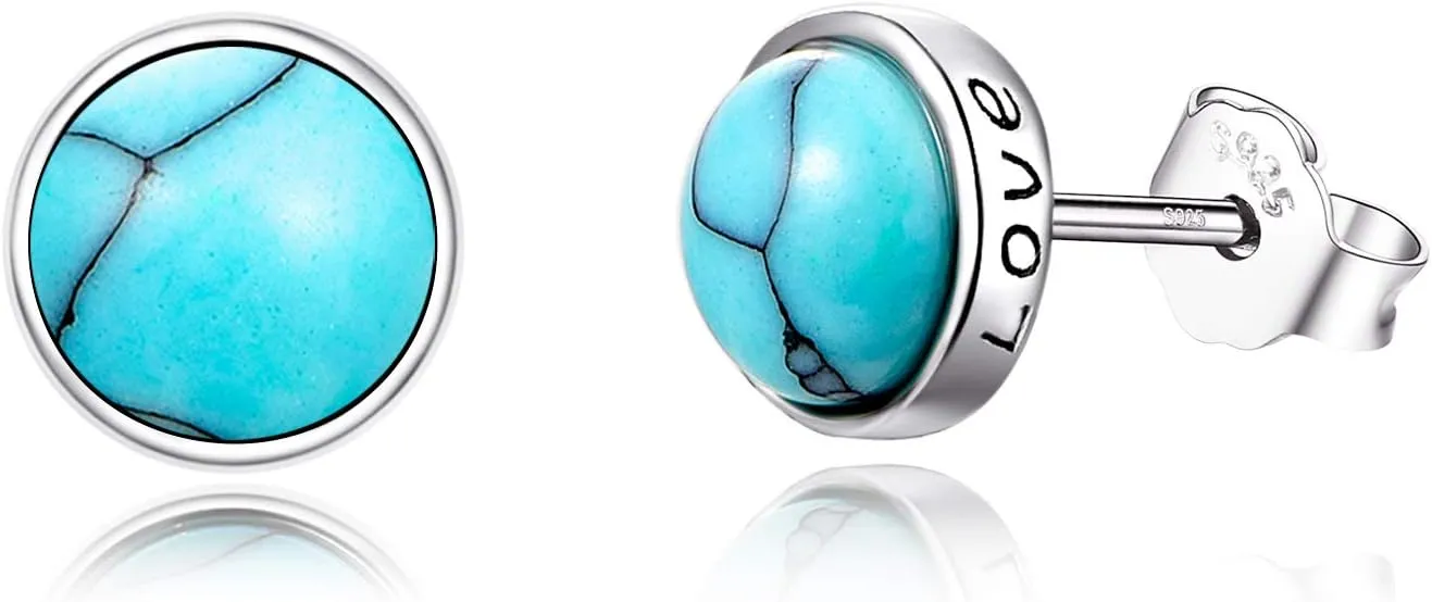 925 Sterling Silver Turquoise Studs Hypoallergenic Earrings for Sensitive Ears with Romantic "Forever" "Love" Engraving, Turquoise Jewelry Mother Day for Women Girlfriend-4MM 6MM