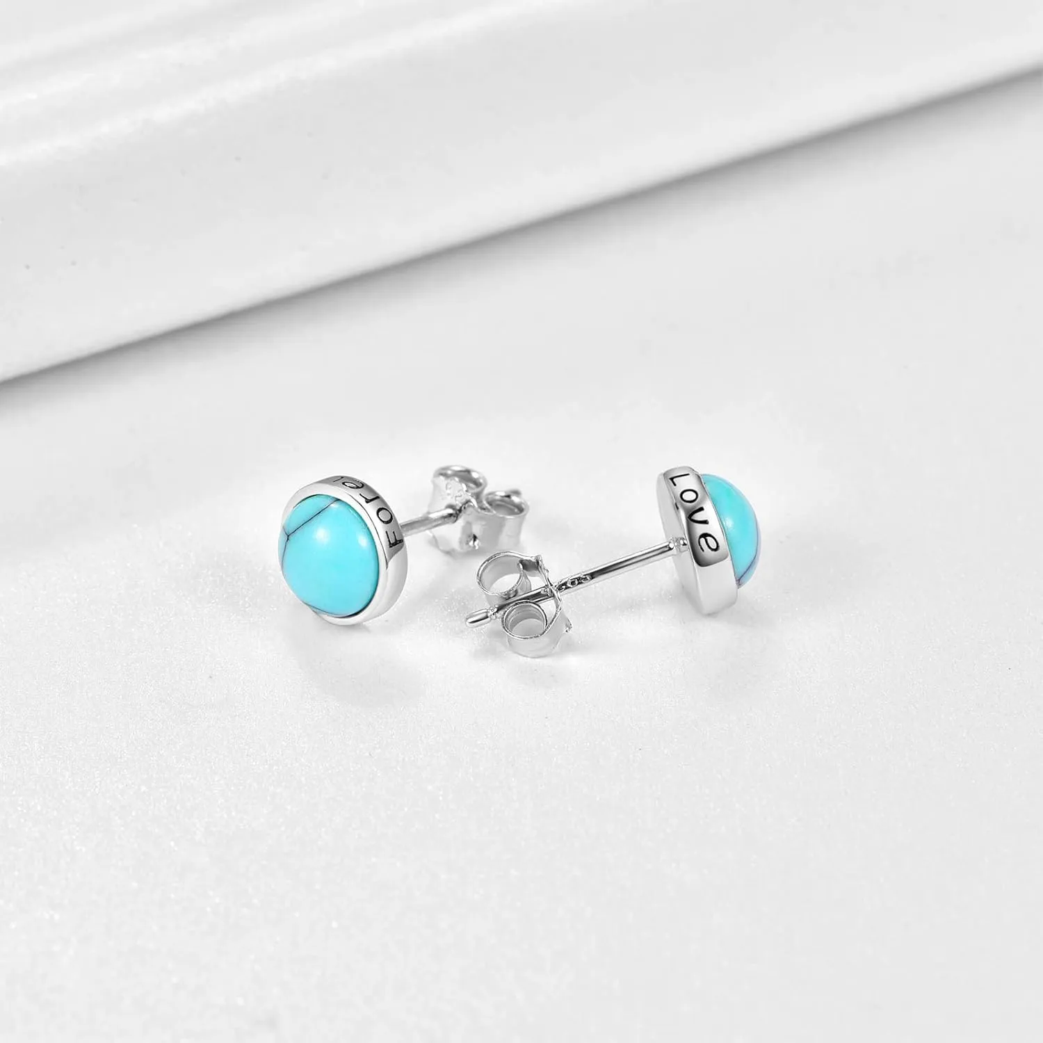 925 Sterling Silver Turquoise Studs Hypoallergenic Earrings for Sensitive Ears with Romantic "Forever" "Love" Engraving, Turquoise Jewelry Mother Day for Women Girlfriend-4MM 6MM